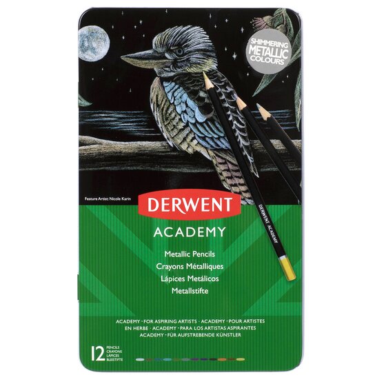 Derwent Academy Metallic Colour Pencil Tin – 12 Colours | Shimmer & Metallic Effects | Art Supplies Australia