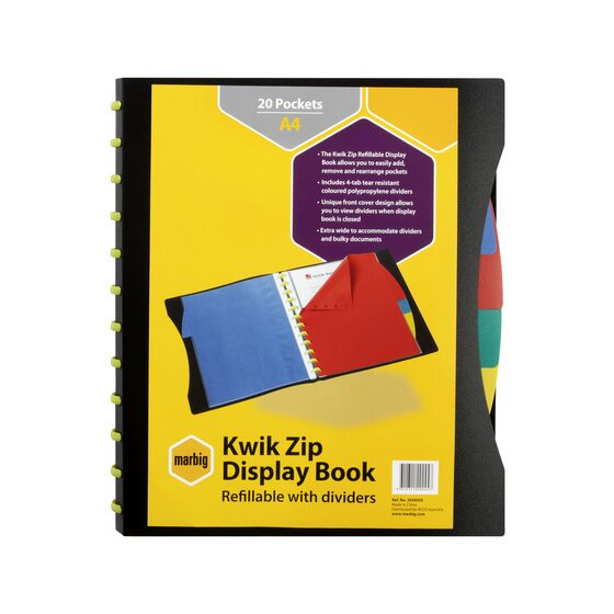 Marbig Kwik Zip Refillable Display Book A4 – 20 Pockets with PP Dividers (Black)