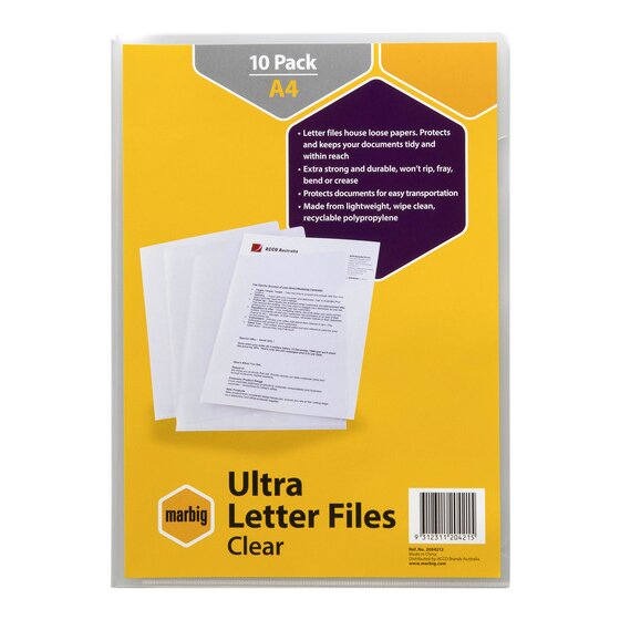 Marbig Ultra Clear Letter File – A4, Top & Side Opening, 180 Micron – Pack of 10
