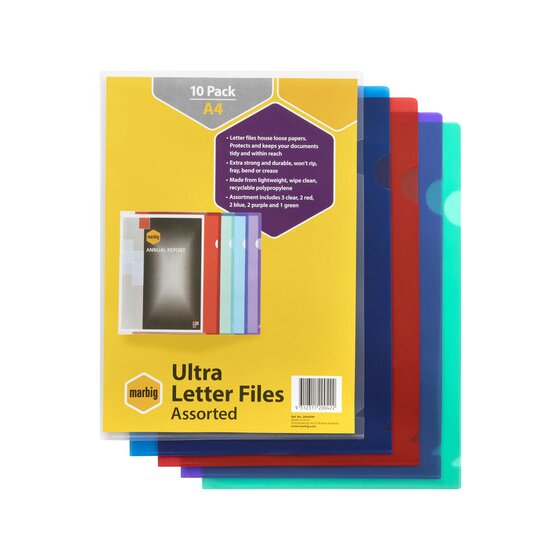 Marbig Ultra Letter File A4 – Assorted Colours, Pack of 10