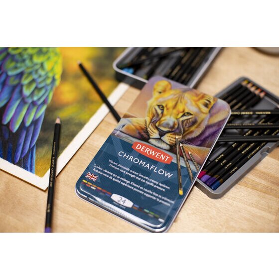 Derwent Chromaflow Coloured Pencils – 24-Pencil Tin, Vibrant Blendable Colours