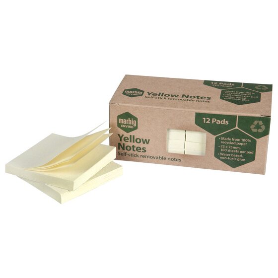 MARBIG Enviro Sticky Notes – 75×75mm Yellow | 12 Pads × 100 Sheets | Repositionable