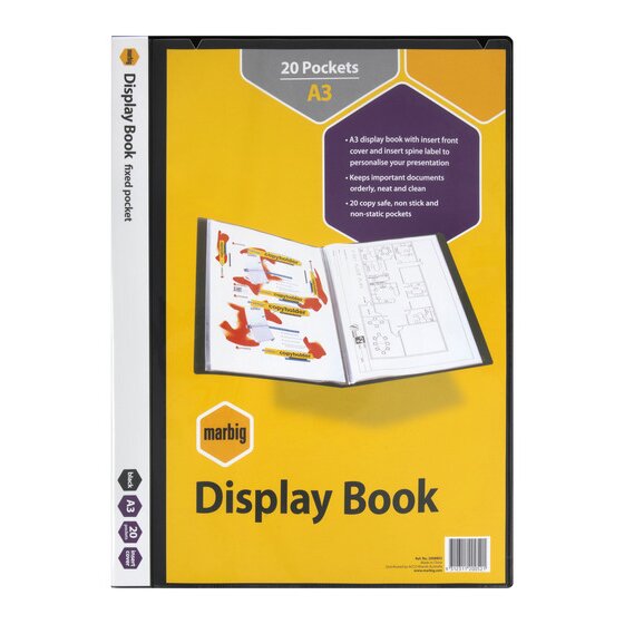 Marbig A3 Fixed Pocket Display Book – 20-Pocket, Insert Cover, Black
