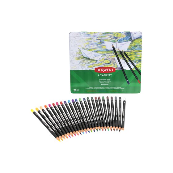 Derwent Academy Watercolour Pencil Tin – 24 Colours | Water-Soluble, Hexagonal Grip