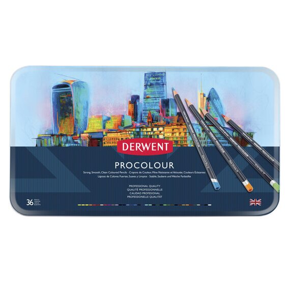 Derwent Procolour Pencil Tin – 36 Assorted Colours, Round Barrel, Drawing & Sketching