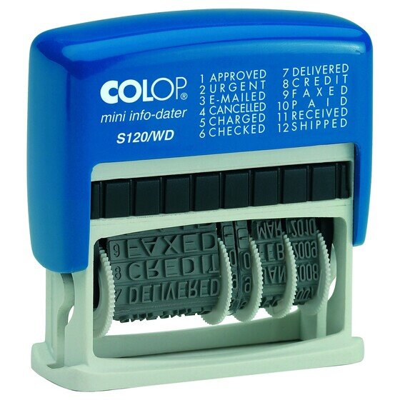 COLOP S120/WB Self-Inking Word & Date Stamp – Red/Blue