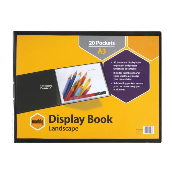 Marbig A3 Display Book – 20 Fixed Pockets, Insert Cover, Landscape/Portrait, Black