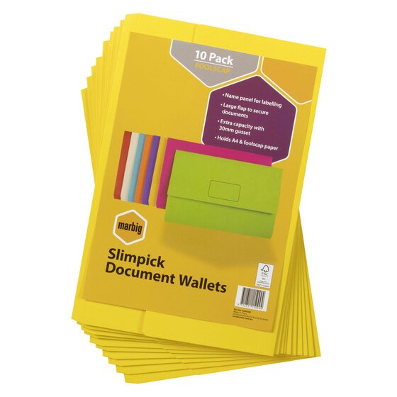 Marbig Slimpick Foolscap Document Wallet – Bright Yellow (Pack of 10)