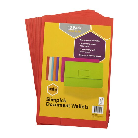 Marbig Slimpick Foolscap Document Wallet – Brights Red (Pack of 10)
