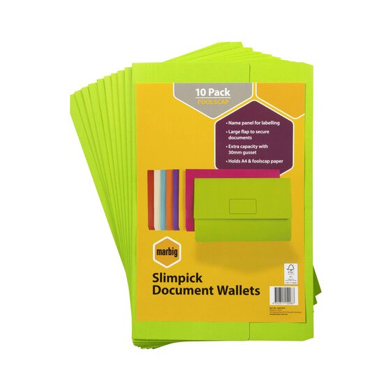 Marbig Slimpick Foolscap Document Wallet – Brights Green (Pack of 10)