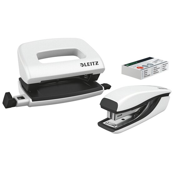 Leitz NEXXT WOW Stapler & Punch Set Mini – White Ergonomic Desk Combo