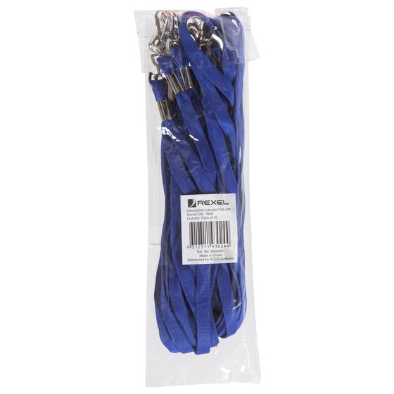 Rexel Flat Style ID Lanyards with Swivel Clip – Blue, Pack of 10