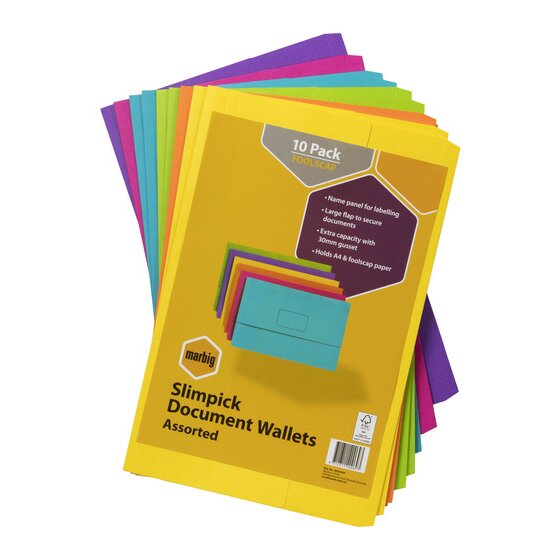 Marbig Slimpick Foolscap Document Wallet — Brights Assorted (Pack of 10)