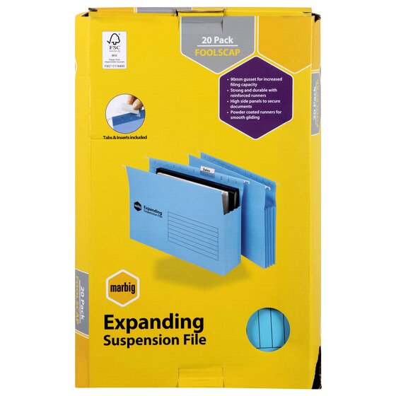 Marbig Expanding Suspension Files with Tabs & Inserts Blue Pack of 20