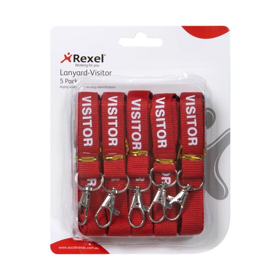 REXEL Pre-Printed Visitor Lanyard – Bold Red, Pack of 5