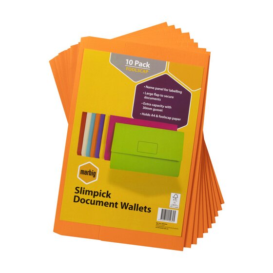 Marbig Slimpick Foolscap Document Wallet – Bright Orange (Pack of 10)