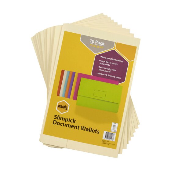 Marbig Slimpick Foolscap Document Wallet – Brights Buff (Pack of 10)