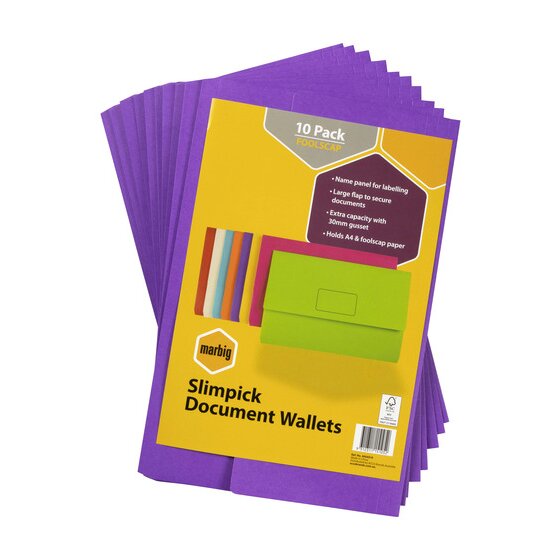 Marbig Slimpick Foolscap Document Wallet — Brights Purple (Pack of 10)