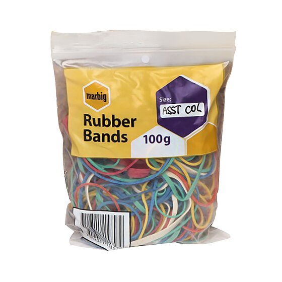 MARBIG Coloured Assorted Rubber Bands — Natural Rubber, 100g Pack