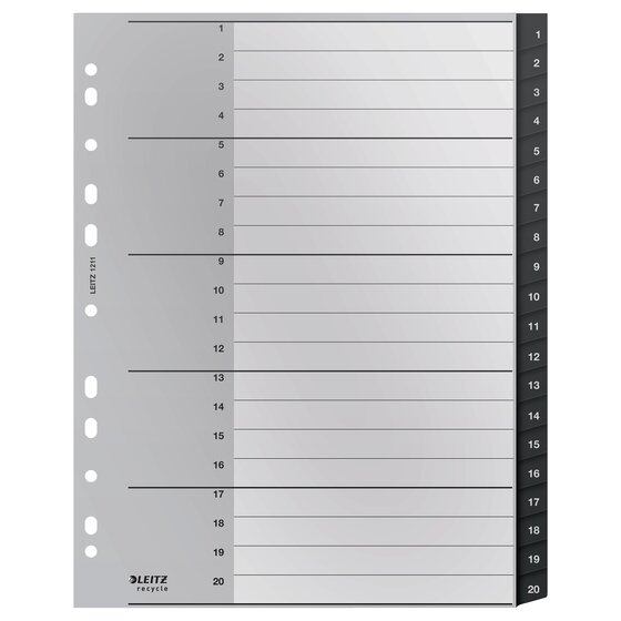 Leitz Recycle Indices & Dividers 1-20 Tab – A4 Black, 90% Recycled Plastic