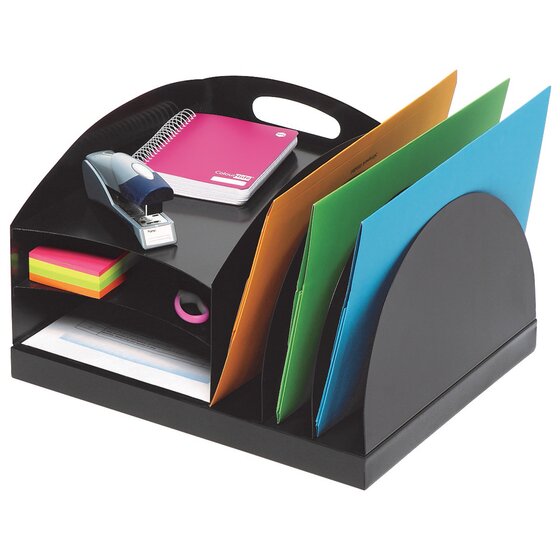 Marbig Desktop Metal Organiser – 2-Way Curved, Black | 3 Vertical + 3 Horizontal Shelves