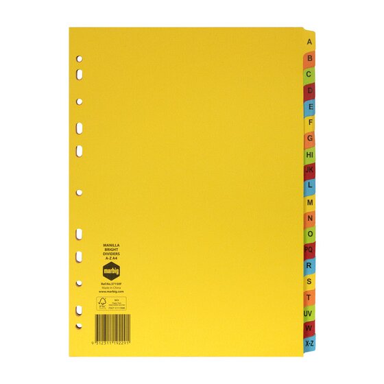 Marbig A-Z Tab Indices & Dividers – Manilla, A4, Bright Colours