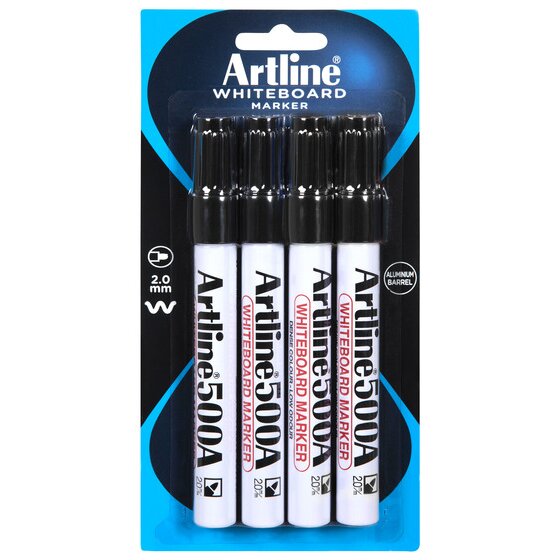 Artline 500A Whiteboard Marker – 2mm Bullet Nib, Black, Pack of 4