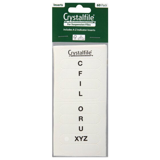 CRYSTALFILE Inserts A–Z White Pack of 60 – Rounded Rectangular Tab Labels