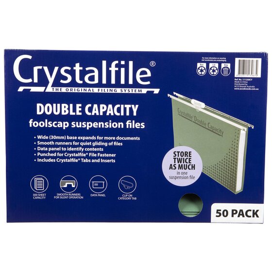 Crystalfile Double Capacity Suspension Files – Foolscap, Pack of 50
