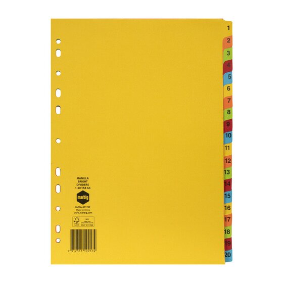 Marbig Indices & Dividers 1–20 Tab Manilla A4 Brights