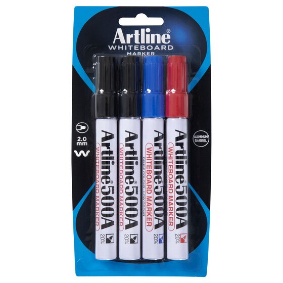 Artline 500A Whiteboard Marker – 2mm Bullet Nib, Assorted Pack of 4