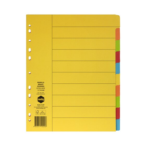 Marbig Indices & Dividers – 10 Tab, Manilla, A4 Extra Wide