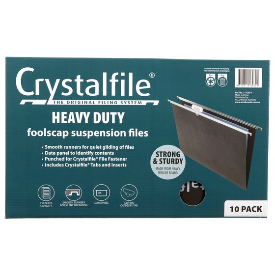 Crystalfile Foolscap Heavy Duty Suspension Files – Pack of 10