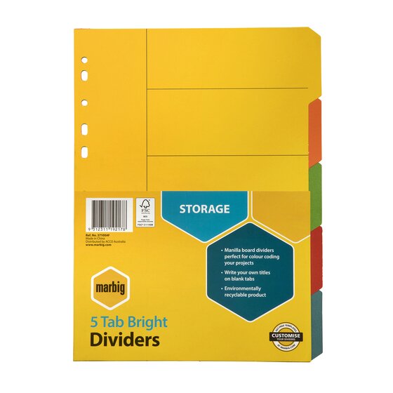 Marbig A4 5 Tab Dividers – Manilla Brights | Colour-Coded Filing for Binders & Lever Arch Files
