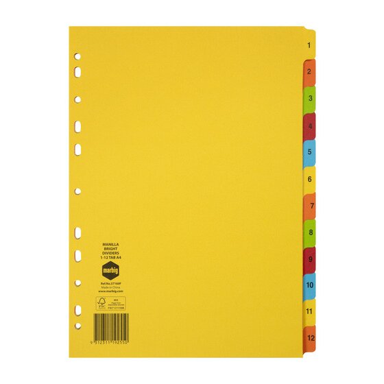 Marbig 1–12 Tab Indices & Dividers – Manilla, A4, Bright Colours