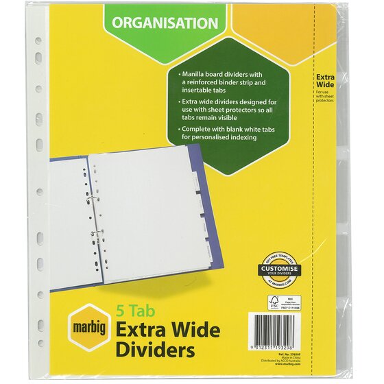 Marbig Indices & Dividers – 5 Insert Tabs, Extra Wide A4, White