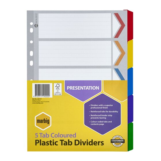 Marbig Indices & Dividers – 5 Tab Reinforced A4, Single Colour