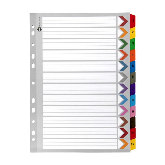 Marbig Indices & Dividers – 1 to 12 Tab Range, Reinforced, A4, Multi-Colour
