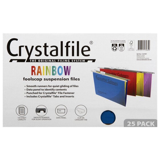 Crystalfile Complete Suspension Files – Foolscap, Assorted Colours, Pack of 25