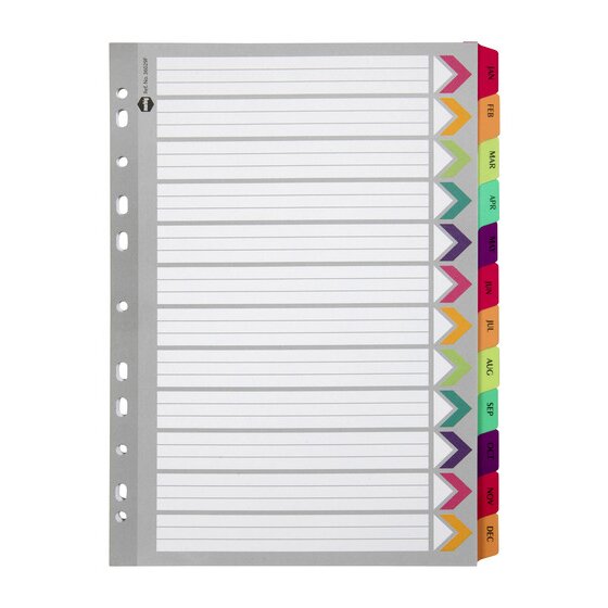 Marbig Indices & Dividers – Jan–Dec Tab, Reinforced, A4, Fluoro Colours