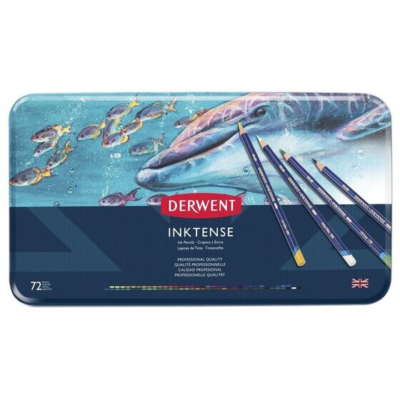 Derwent Inktense Pencil Tin – 72 Colours | Water-Soluble Art Pencils for Paper, Fabric, Wood & Ceramic
