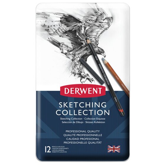 Derwent Sketching Mixed Media Tin – 12-Piece Drawing & Sketching Set
