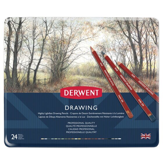 Derwent Drawing Pencil Tin – 24 Round-Barrelled Graphite Pencils for Drawing & Sketching