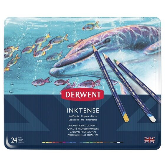 Derwent Inktense Pencil Tin – 24 Colours | Water-Soluble, Dries Permanent on Paper, Fabric, Wood & Ceramic