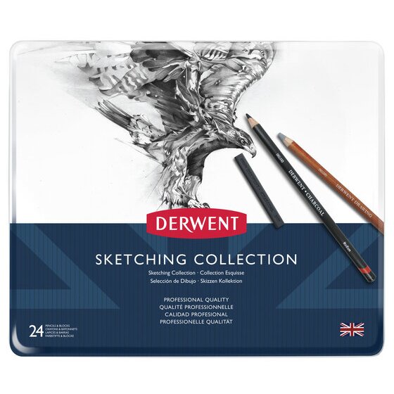 Derwent Sketching Mixed Media Tin – 24-Piece Drawing & Sketching Set