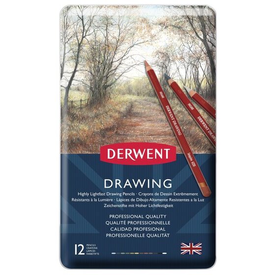 Derwent Drawing Pencil Tin – 12 Colours, Round Barrel, Portable Tin