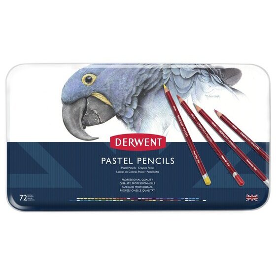 Derwent Pastel Pencil Tin – 72 Colours | Soft Water-Soluble Pastel Strips in a Round Barrel