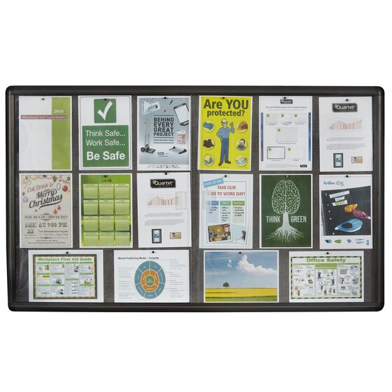 Quartet Enclosed Glass Bulletin Board – Grey Fabric Surface, 900 × 1500mm, Lockable Sliding Doors