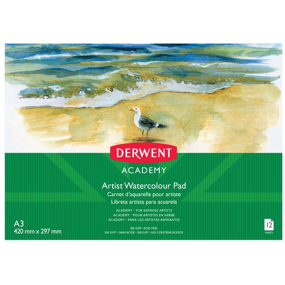 Derwent Academy Watercolour Pad – A3 Landscape, 12 Sheets, 300gsm