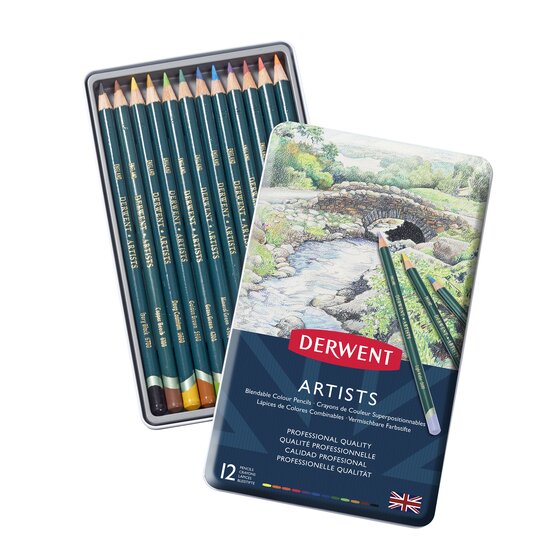 Derwent Artists Pencil Tin – 12 Assorted Colours, Round Barrel, Soft Wide Strip